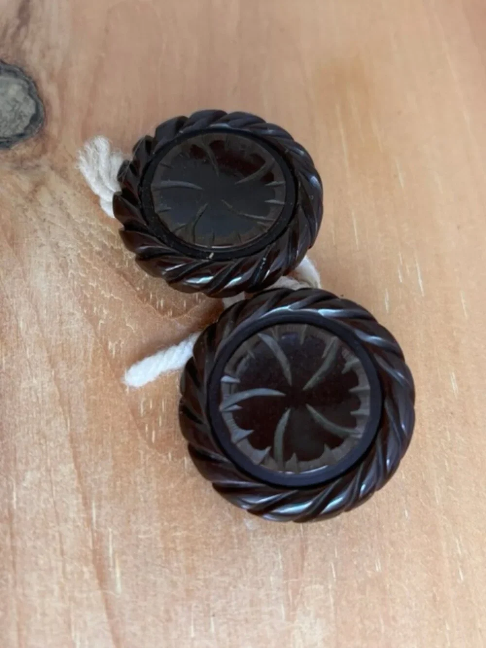 Antique Chunky Thick Carved Chocolate Brown SUNFLOWER Bakelite? Coat Buttons
